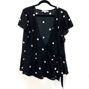 LOFT Plus Faux Wrap Blouse Black White Polka Dot Ruffle Sleeve Tie 20 2X